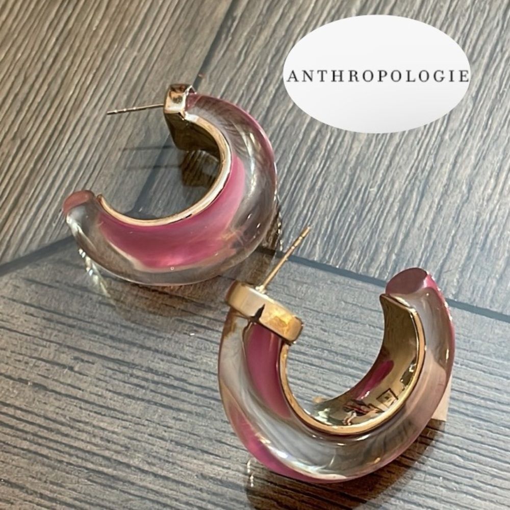 Anthropologie Chunky Resin Hoop Earrings Chic Silver-tone & Purple Lucite Hoop